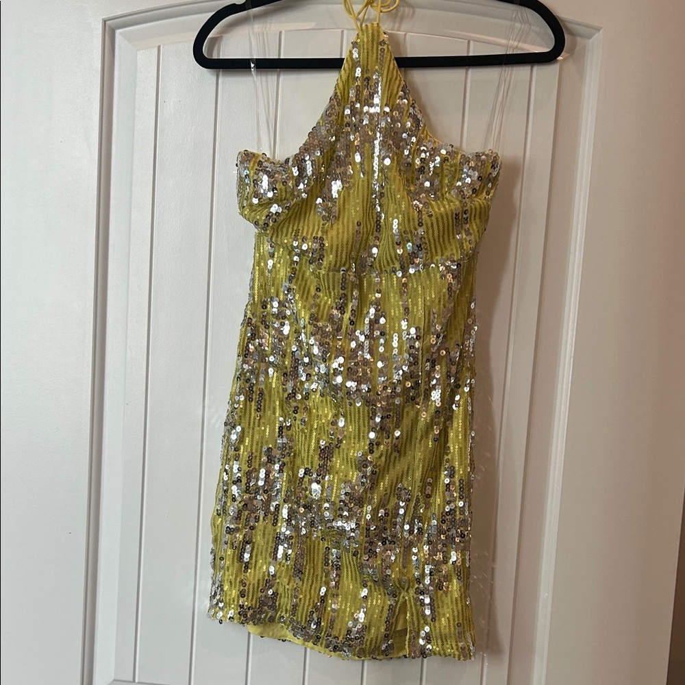 Fashion Nova Yellow Sequin Halter Dress